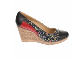 Pantofi dama, casual, din piele naturala, negri cu imprimeu floral,  platforme de 7 cm - MARA P503NRF